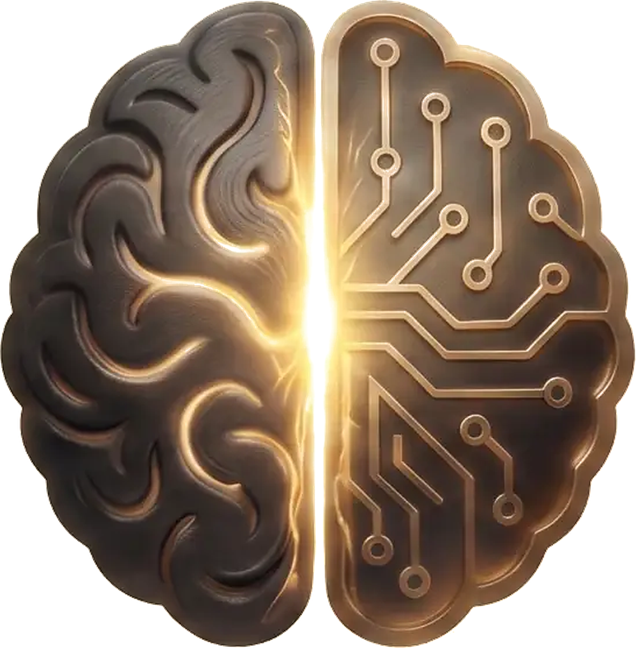 Fractional Automations brain mark: anatomical half fused with a circuit half in gold